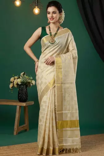 Woven design pure cotton handloom kasavu saree