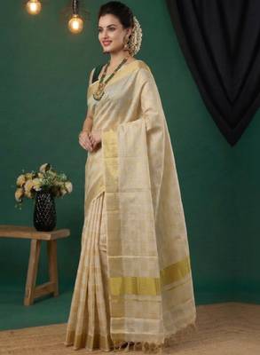off white woven design pure cotton handloom kasavu saree 3