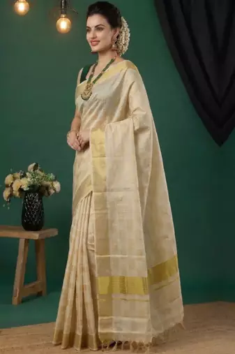 Woven design pure cotton handloom kasavu saree
