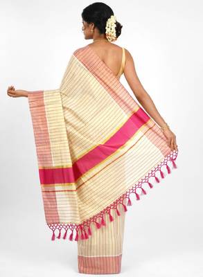 cream teejh striped zari tissue kasavu saree 2