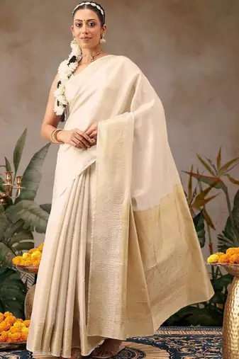 Woven design zari silk blend fusion kasavu saree