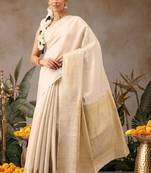 Woven design zari silk blend fusion kasavu saree
