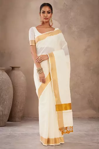 Off white & gold-toned zari pure cotton kasavu saree