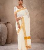 Off white & gold-toned zari pure cotton kasavu saree