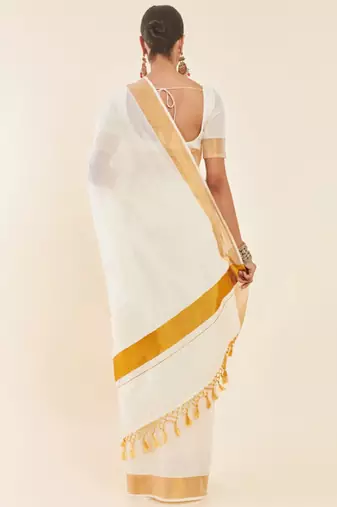 Off white & gold-toned zari pure cotton kasavu saree