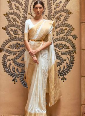 off white silk cotton kasavu saree with rich zari woven 2