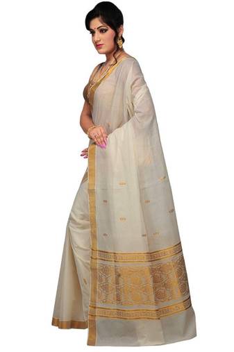 off white pure cotton zari woven design kasavu saree with blouse piece