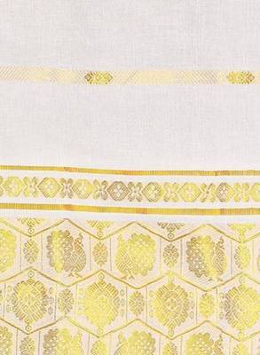 off white pure cotton zari woven design kasavu saree with blouse piece 2