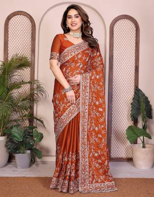 rust color rangoli silk embroidery work saree with work blouse piece 1