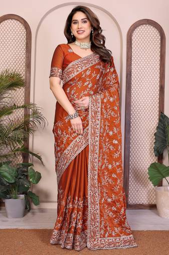 rust color rangoli silk embroidery work saree with work blouse piece