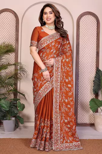 rust color rangoli silk embroidery work saree with work blouse piece