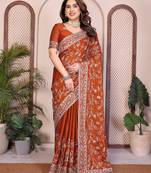 rust color rangoli silk embroidery work saree with work blouse piece