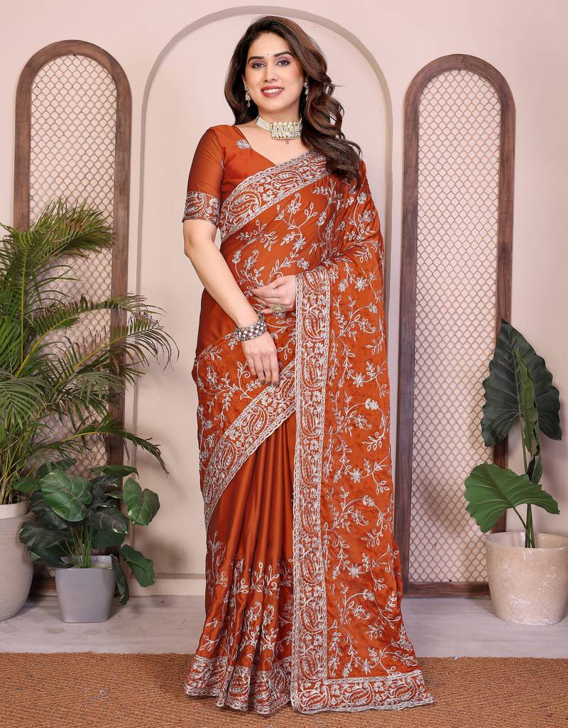 rust color rangoli silk embroidery work saree with work blouse piece