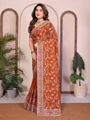 rust color rangoli silk embroidery work saree with work blouse piece 2
