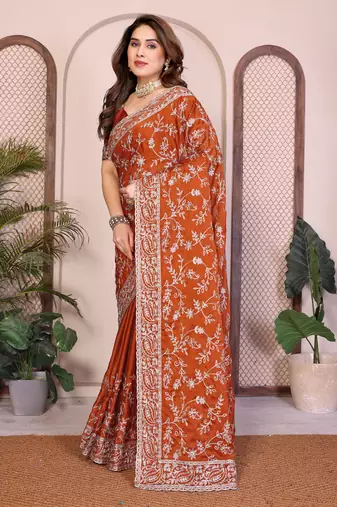 rust color rangoli silk embroidery work saree with work blouse piece