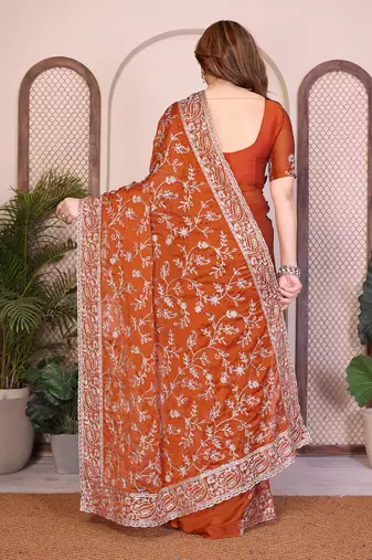 rust color rangoli silk embroidery work saree with work blouse piece