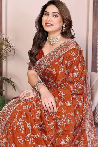rust color rangoli silk embroidery work saree with work blouse piece