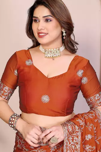 rust color rangoli silk embroidery work saree with work blouse piece