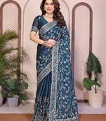 teal color rangoli silk embroidery work saree with work blouse piece