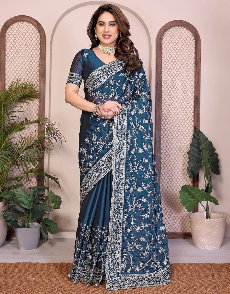 teal color rangoli silk embroidery work saree with work blouse piece