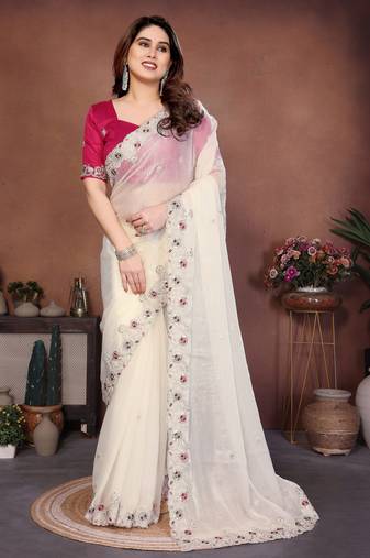 White color fandy chiffon  silk embroidery work saree with work blouse piece