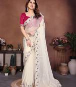 White color fandy chiffon  silk embroidery work saree with work blouse piece