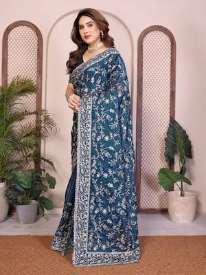 teal color rangoli silk embroidery work saree with work blouse piece 2
