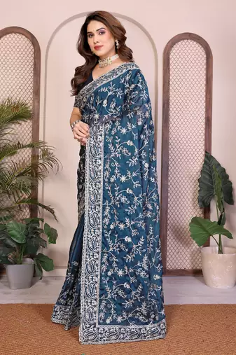 teal color rangoli silk embroidery work saree with work blouse piece