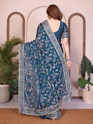 teal color rangoli silk embroidery work saree with work blouse piece 3