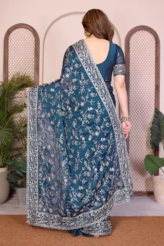 teal color rangoli silk embroidery work saree with work blouse piece