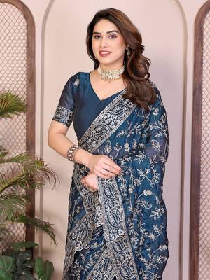 teal color rangoli silk embroidery work saree with work blouse piece 4