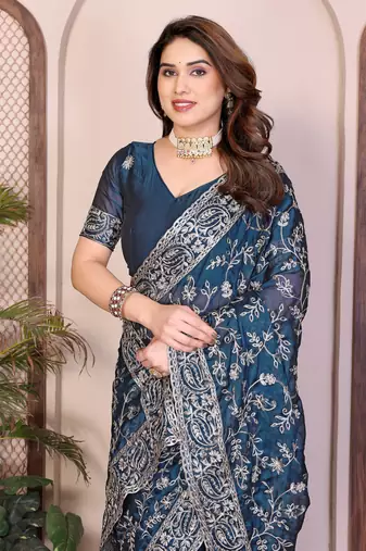 teal color rangoli silk embroidery work saree with work blouse piece