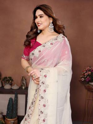 White color fandy chiffon  silk embroidery work saree with work blouse piece 4