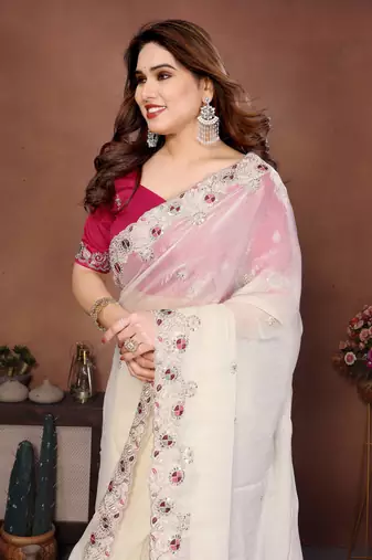 White color fandy chiffon  silk embroidery work saree with work blouse piece