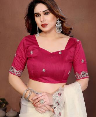 White color fandy chiffon  silk embroidery work saree with work blouse piece 5