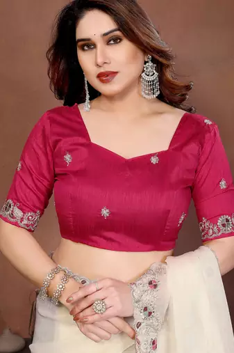 White color fandy chiffon  silk embroidery work saree with work blouse piece