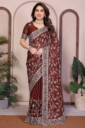 maroon color rangoli silk embroidery work saree with work blouse piece