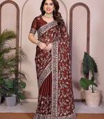 maroon color rangoli silk embroidery work saree with work blouse piece