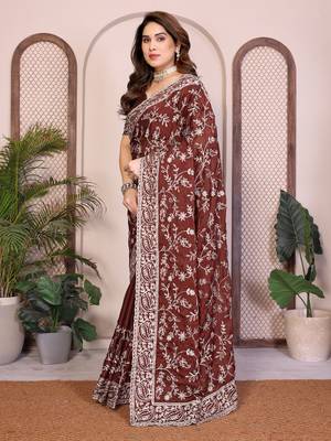 maroon color rangoli silk embroidery work saree with work blouse piece 2