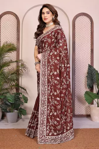 maroon color rangoli silk embroidery work saree with work blouse piece