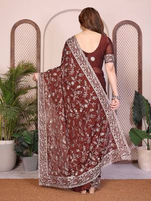 maroon color rangoli silk embroidery work saree with work blouse piece 3