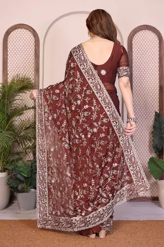 maroon color rangoli silk embroidery work saree with work blouse piece