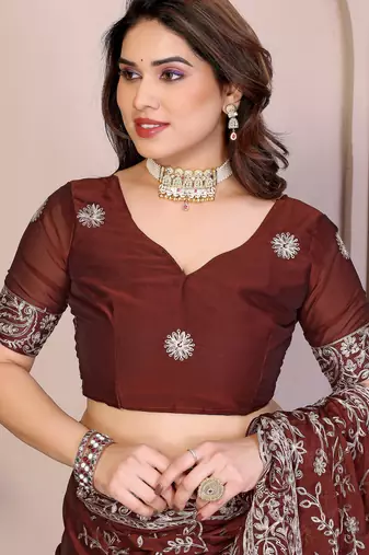 maroon color rangoli silk embroidery work saree with work blouse piece