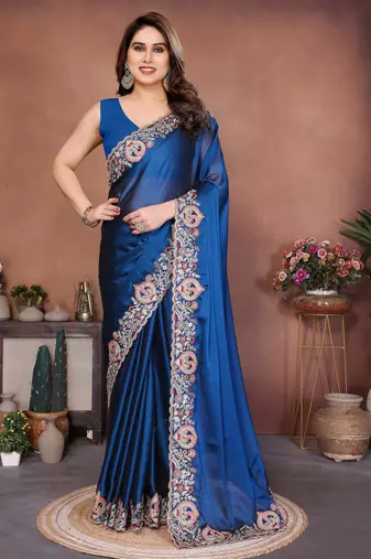 teal color rangoli silk embroidery work saree with plain  blouse piece