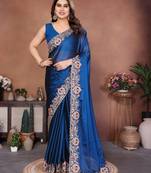 teal color rangoli silk embroidery work saree with plain  blouse piece