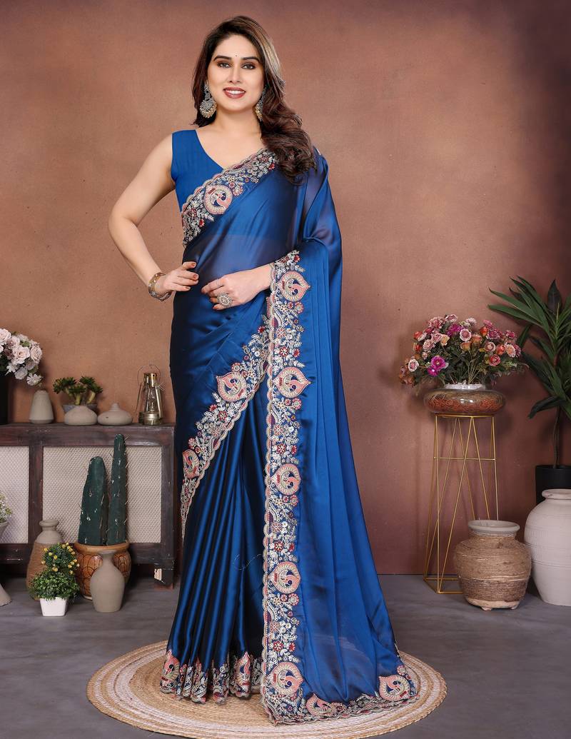 teal color rangoli silk embroidery work saree with plain  blouse piece