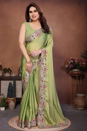 green color rangoli silk embroidery work saree with plain  blouse piece
