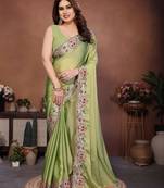 green color rangoli silk embroidery work saree with plain  blouse piece