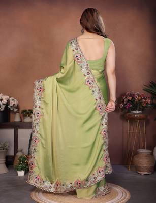 green color rangoli silk embroidery work saree with plain  blouse piece 2