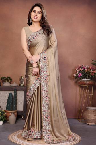 brown color rangoli silk embroidery work saree with plain  blouse piece